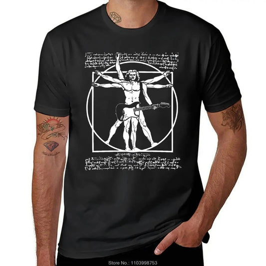 LEONARDO DA VINCI PARODY camiseta lisa diseñador VITRUVIAN MAN PLAYING THE GUITAR - DA VINCI GUITARISTA camiseta gráfica